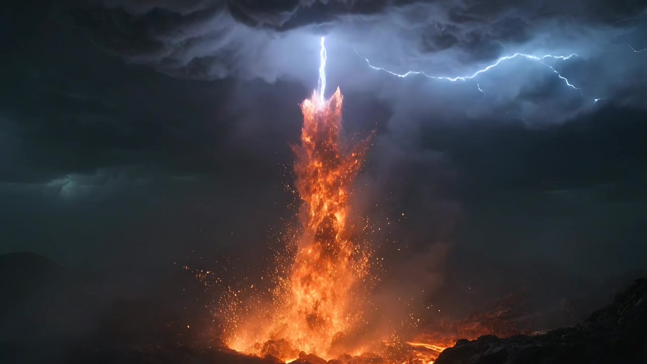 Fulmine che scende e colpisce una fessura, causando l'eruzione di lava verso l'alto di notte, con una corona luminosa.