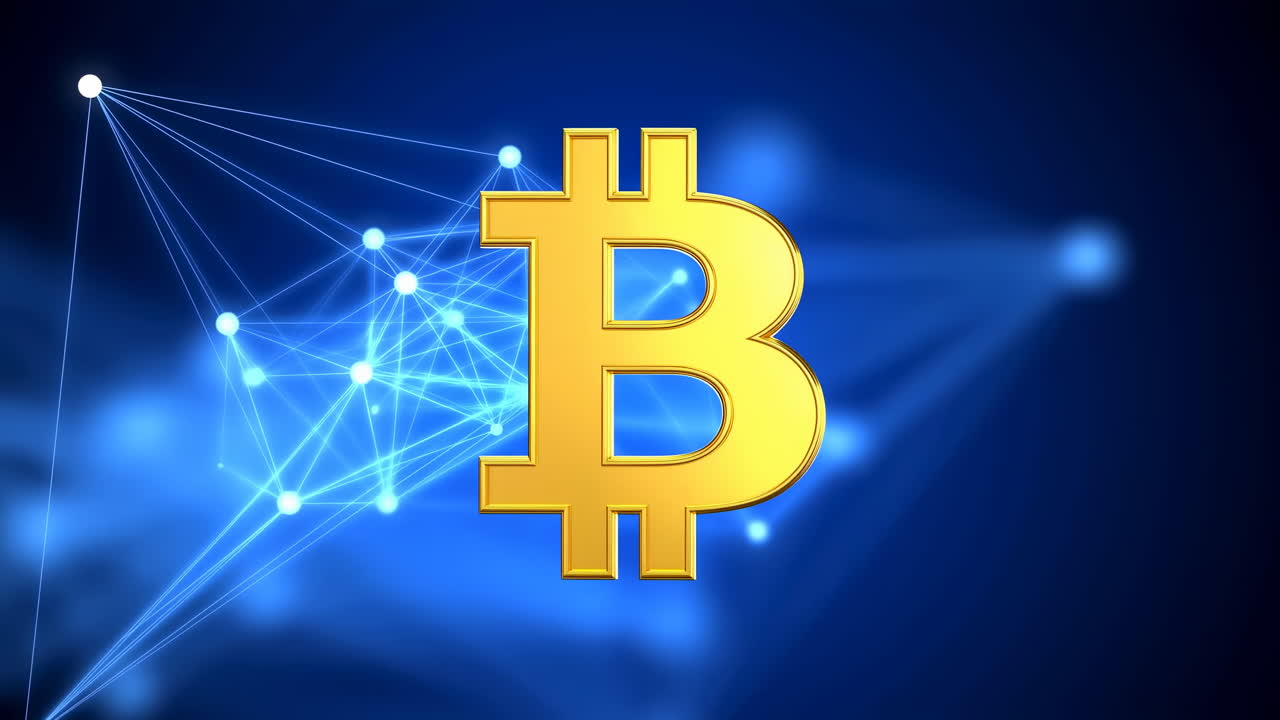 Gold Bitcoin Symbol Over Blue Network Glowing D Coin Floats Against Abstract Node Grid With Pulsing