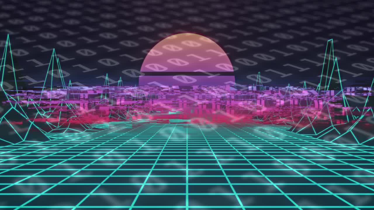 다채로운 그리드와 디지털 지형 위에 준비된 텍스트의 애니메이션