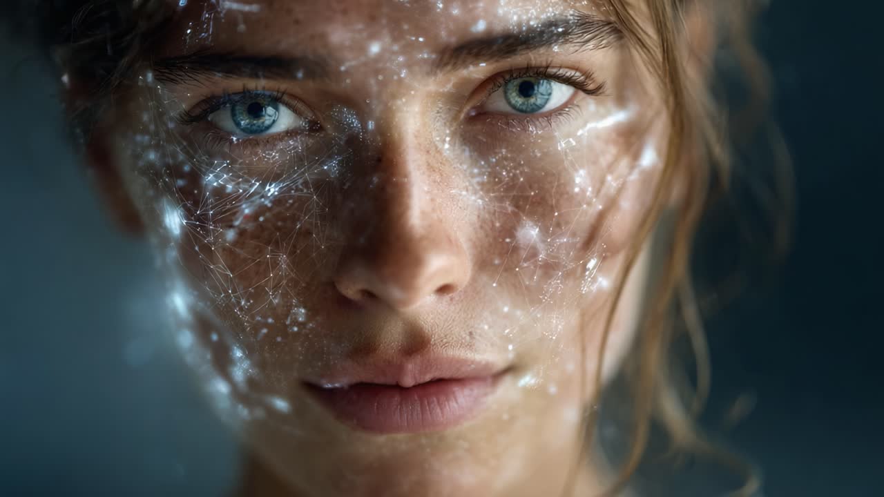 An ethereal close-up of a young woman's face, illuminated with a mesmerizing constellation of light patterns that create a celestial, captivating effect on her skin