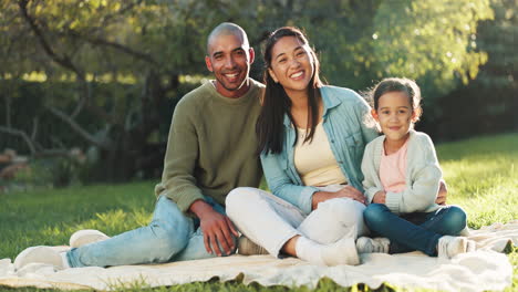 Face,-happy-family-and-picnic-blanket-in-nature-to