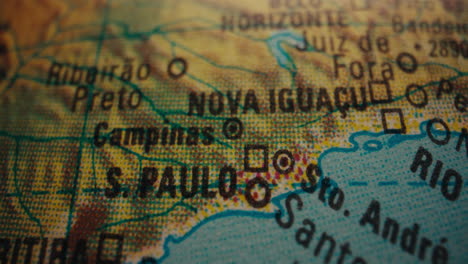 close-up of a vintage world map, focusing on brazil