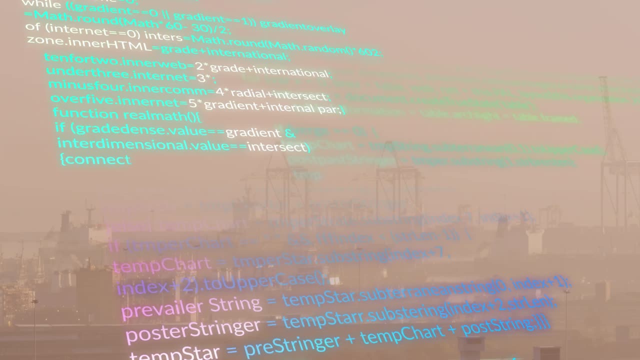 Animation of multicolored computer language over aerial view of modern buildings