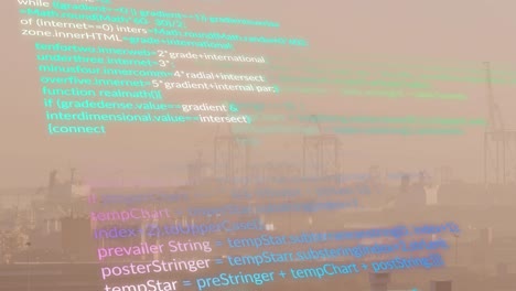 animation of multicolored computer language over aerial view of modern buildings