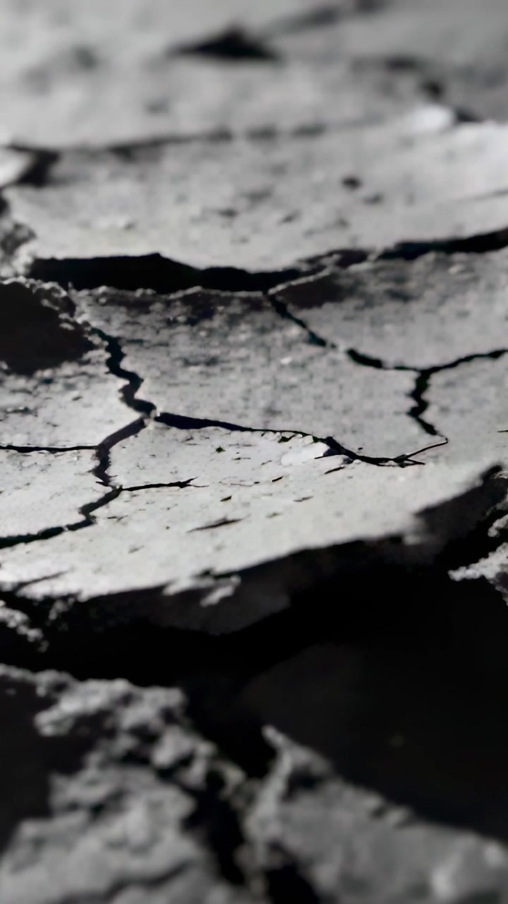 Vertical video: Shifting camera revealing cracked mud plates in parched ground, showing fissures