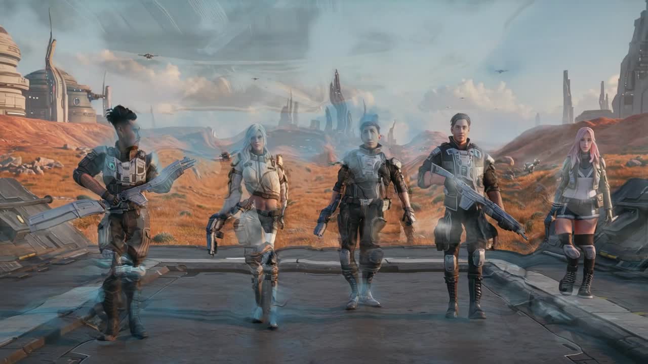 Team of futuristic soldiers prepares for mission in a vast desert landscape under a clear sky during the day