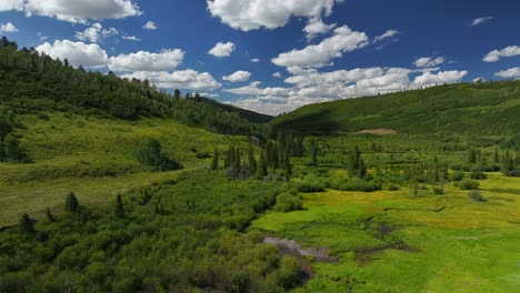 mount sneffels wilderness blue lakes trailhead last dollar road ridgway colorado aerial drone summer green lush valley creek river aspen trees blue skies clouds four wheel drive daytime forward