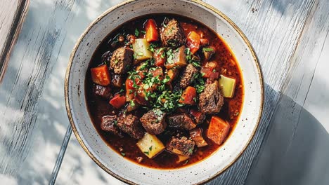 hearty beef stew with vegetables in rustic bowl