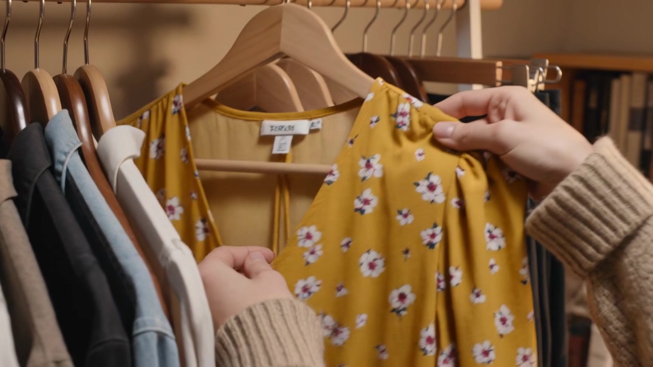 Mano destra con maglione beige che scorre su una barra con appendiabiti, tirando un vestito floreale giallo, controllando la vestibilità.