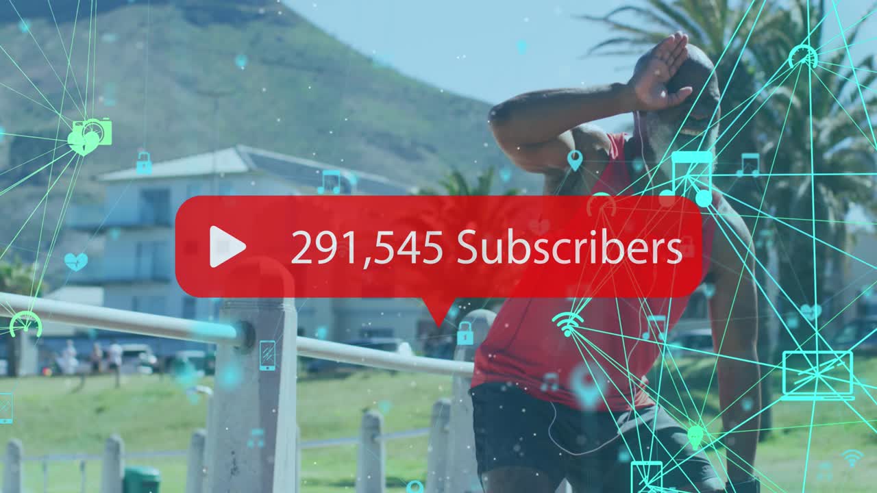 animación de una red de conexiones sobre un hombre afroamericano mayor cansado en la playa