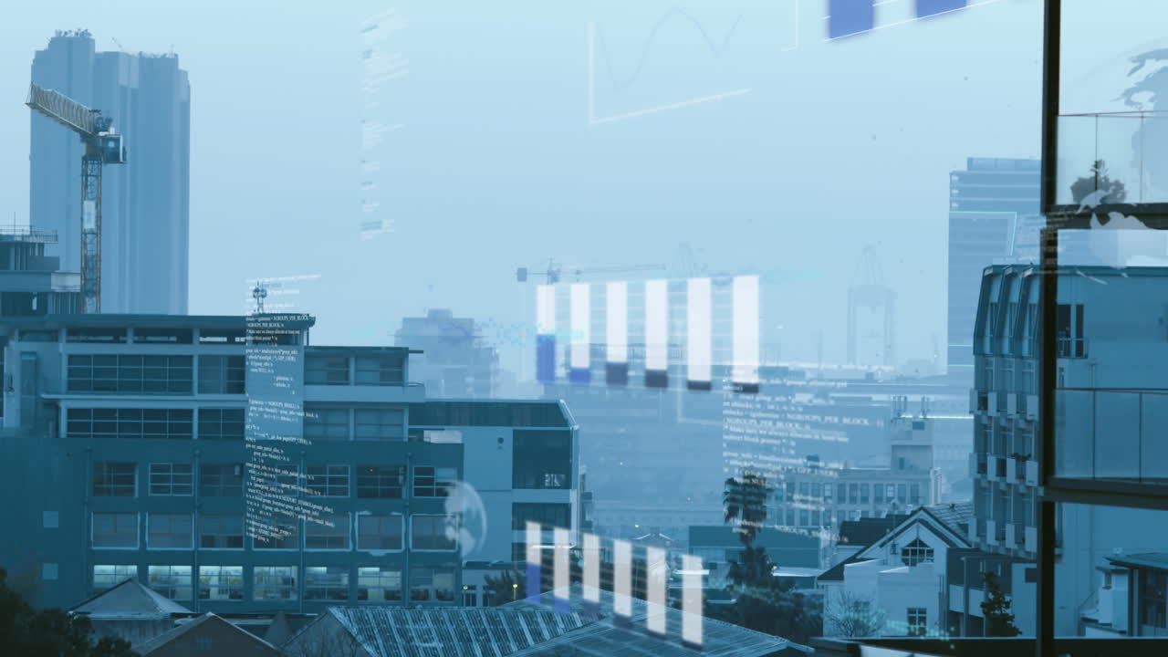 金融數據處理動畫，覆蓋城市景觀