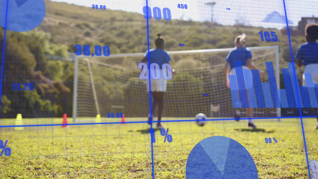 Soccer ball rolling, three players dribbling to goal in training, blue data overlay tracking shots