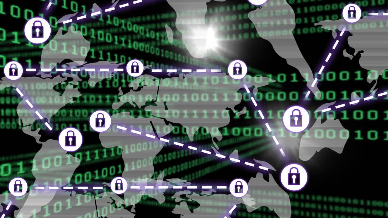 animación de la red de conexiones con iconos sobre codificación binaria y mapa del mundo