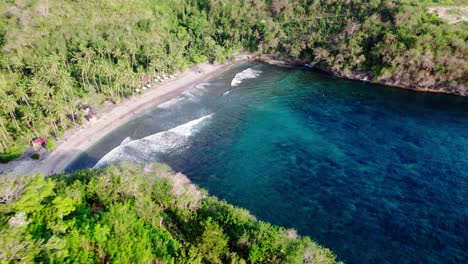 aerial view of turquoise gamat bay with waves and tropical palm paradise on sandy beach in nusa penida, bali, indonesia