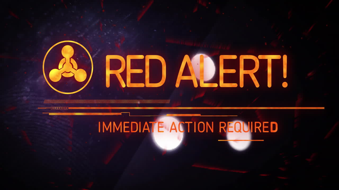 Animation of red alert text with sign over light spots on black background