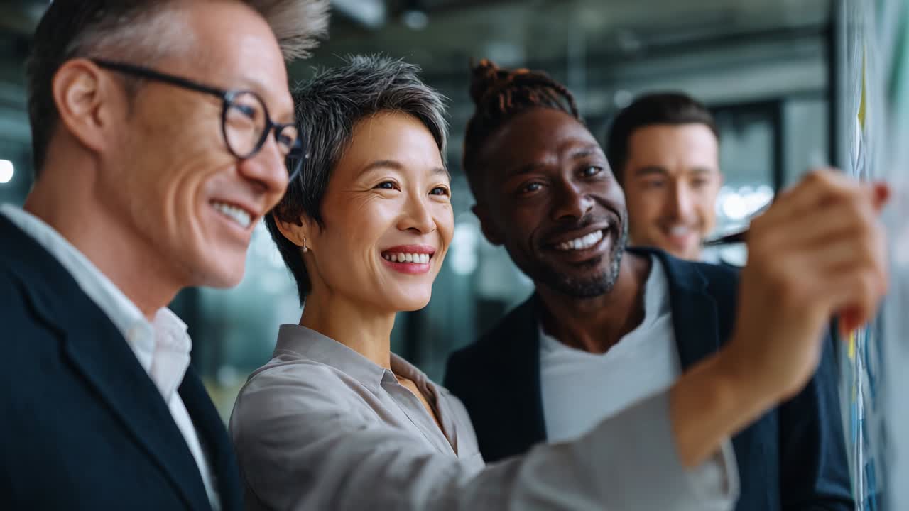 Engaged Team Collaborating in Modern Office Space, Cheerful Professionals Analyzing Ideas on Whiteboard, Emphasizing Innovation and Teamwork in Dynamic Work Environment