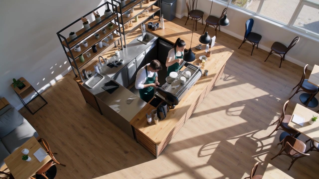Grinder starting, two baristas in green aprons grinding and steaming milk, making drinks at counter