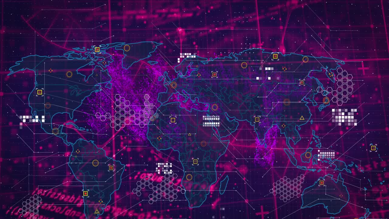 Animation of molecules, data processing and world map on navy background