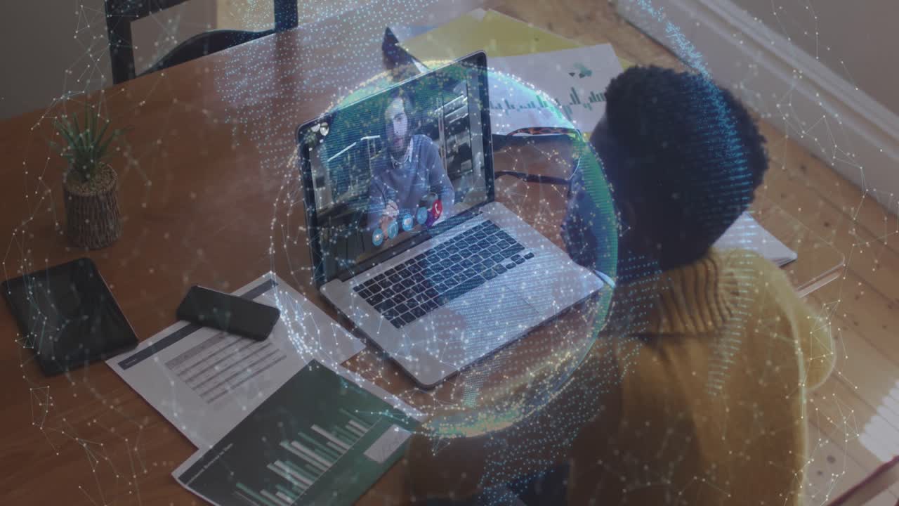 Animation of globe of connections over woman using laptop on video call in background