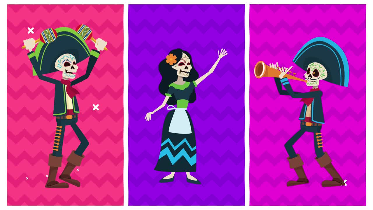 celebración del dia de los muertos con cráneos de grupo mariachis