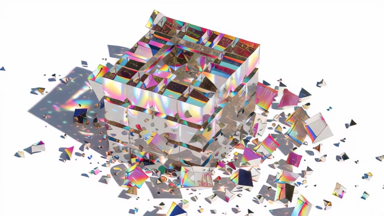 Cinematic 3D abstract animation of a reflective iridescent cube breaking apart into flying shards on a clean white background, futuristic tech concept