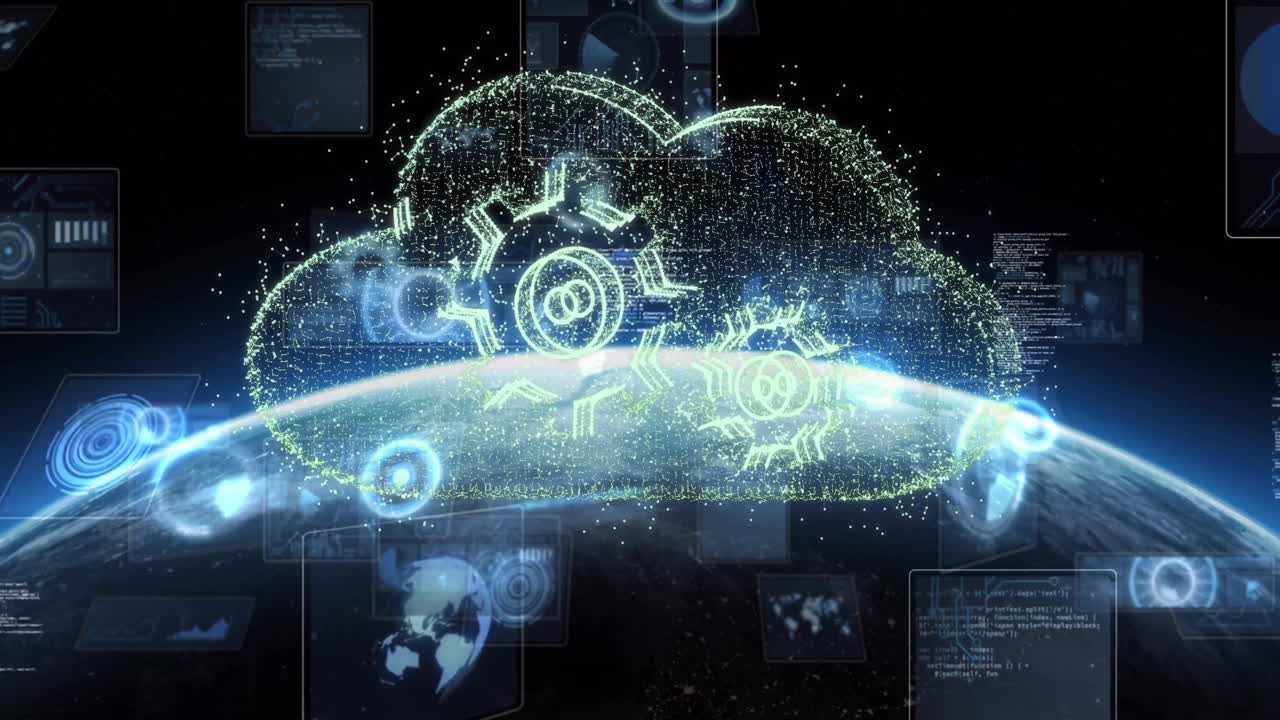 Animation of digital cloud with gears and binary code over Earth for data processing