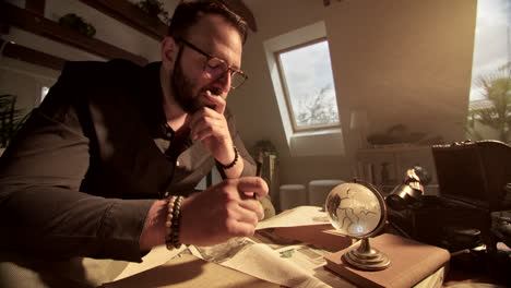 man studying a globe