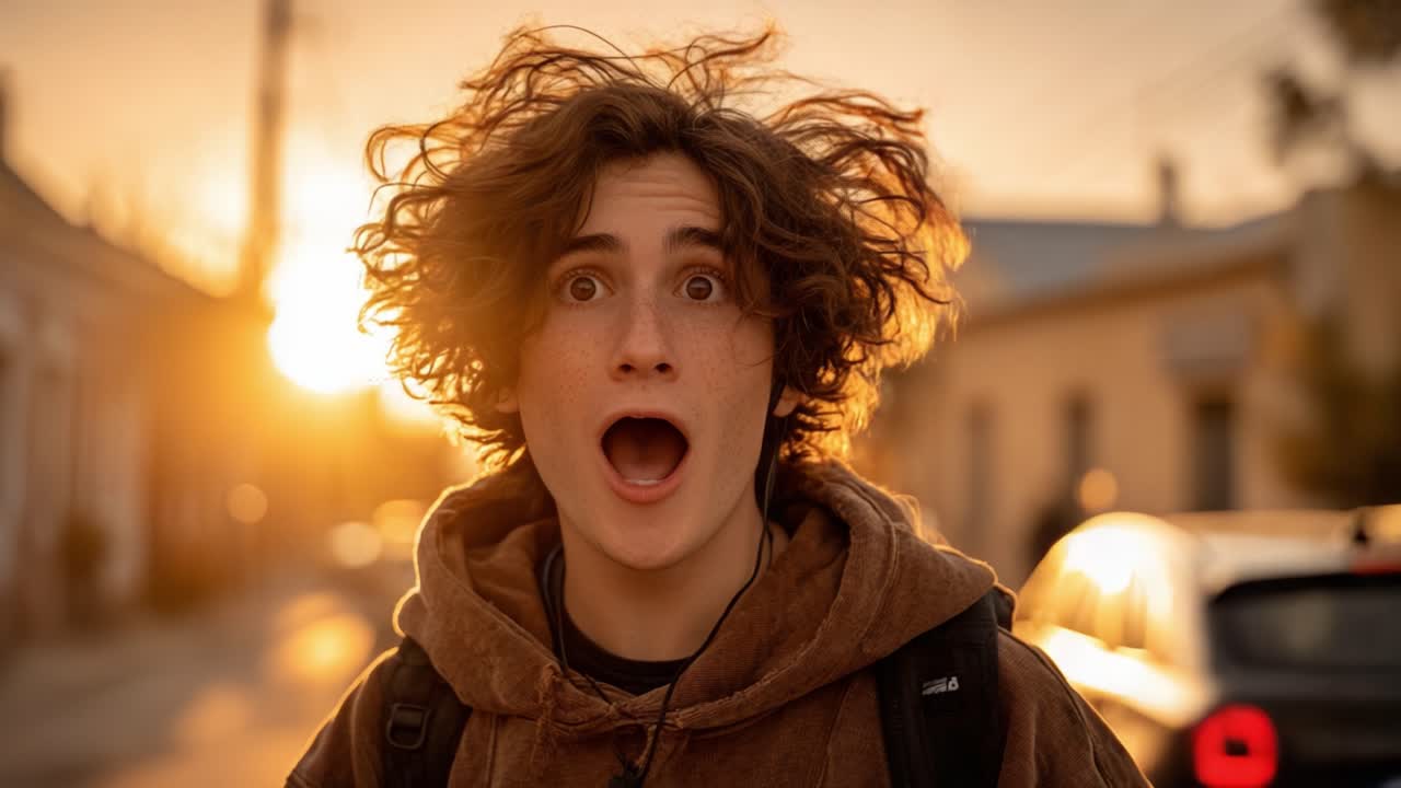 A joyful young person with curly hair expresses excitement against a beautiful sunset backdrop, capturing the essence of spontaneous happiness and carefree moments