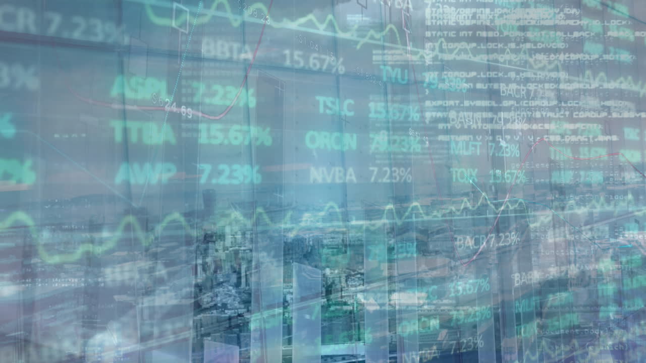 Animation of data processing and statistics over cityscape