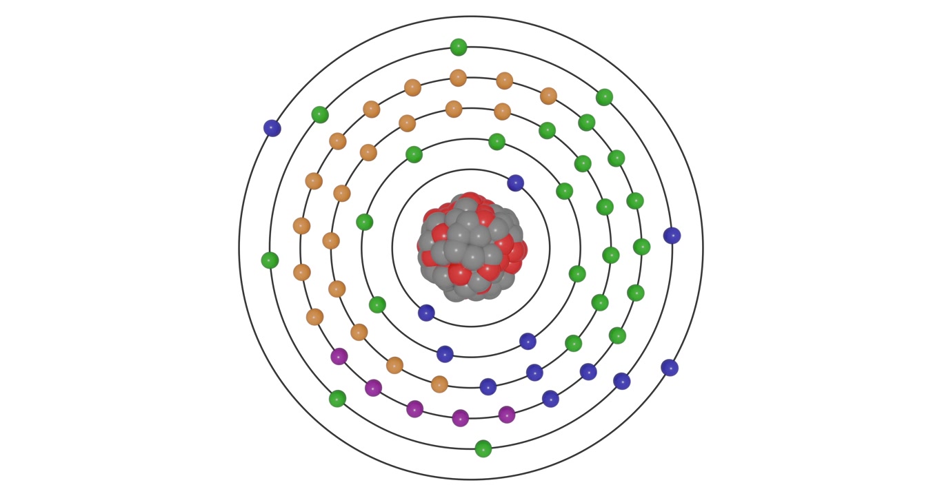 3D animation of Promethium atom showing shells, subshells, electron orbits, and nucleus with proton and neutron, illustrating atomic structure and energy levels for STEM education visuals in chemistry