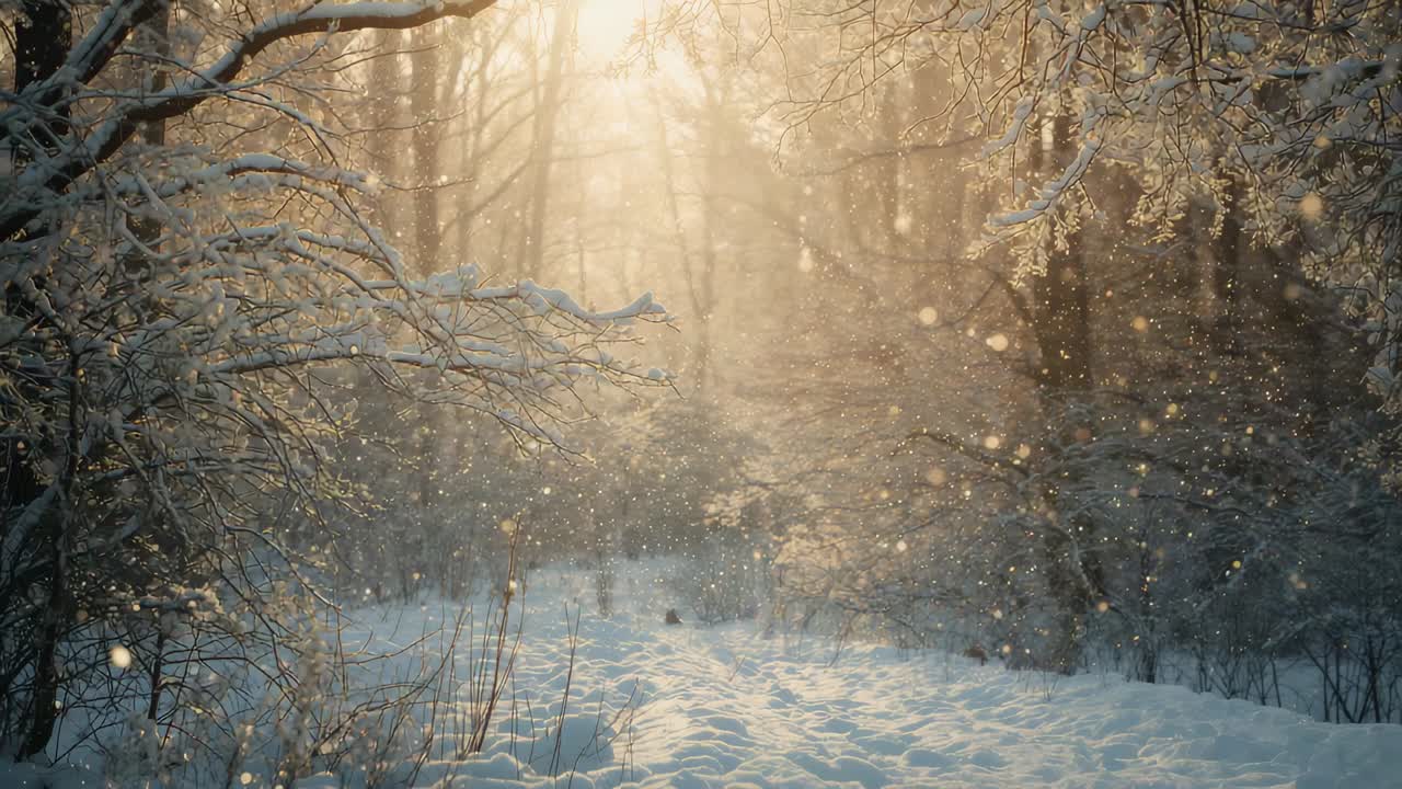 Forsterker lavt sollys som belyser snødekt sti og frostbelagte grener i lysningen, og skaper dis