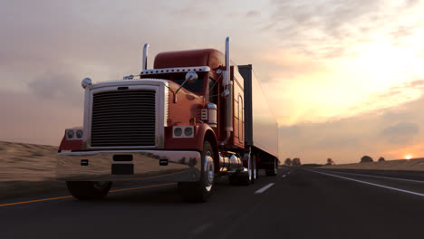 red semi truck driving on a highway at sunset