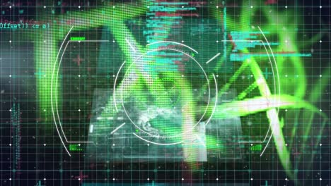 Animation of screens of data processing and scope scanning against spinning dna structures