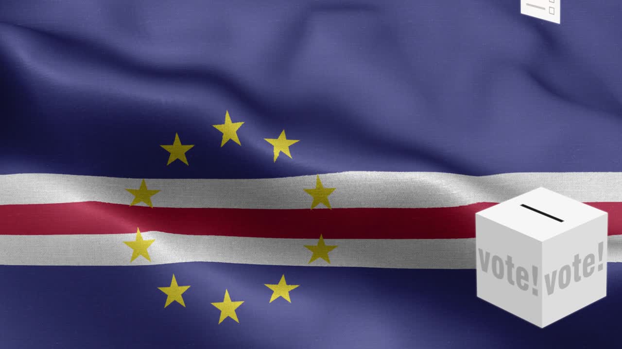 표는 국기 앞에 있는 투표함으로 날아갑니다. - 선거 - 투표 - 국기 앞의 투표함 - 국기 - 국기 높은 세부 사항 - 국기 국기 - 카페베르데 파동 패턴 - 루프 가능한 요소 - 직물 질감과 끝없는 루프 - 수직 발