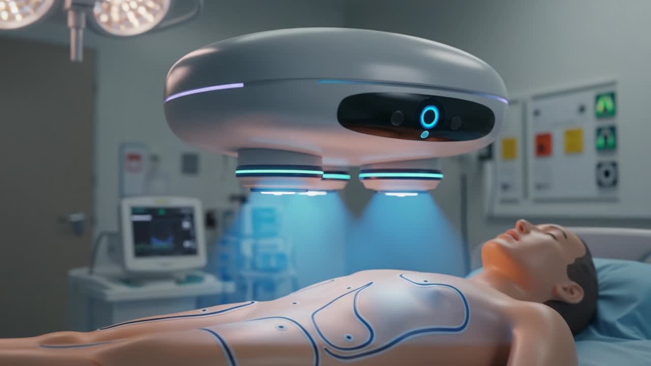 Advanced Medical Robotics: Innovative Surgery Robot Interacting with a Simulated Patient in a High-Tech Healthcare Environment