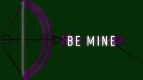 animation of be mine text with illuminating bow and arrow on green background