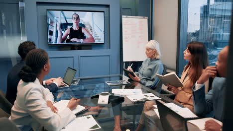 business meeting in a conference room with video conference