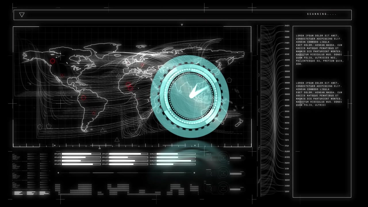 Digital World Map Interface with Rotating Clock HUD
