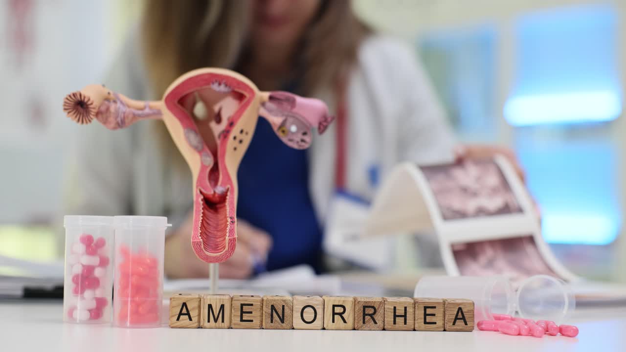 Medico che studia l'amenorrea con modello di utero e farmaci