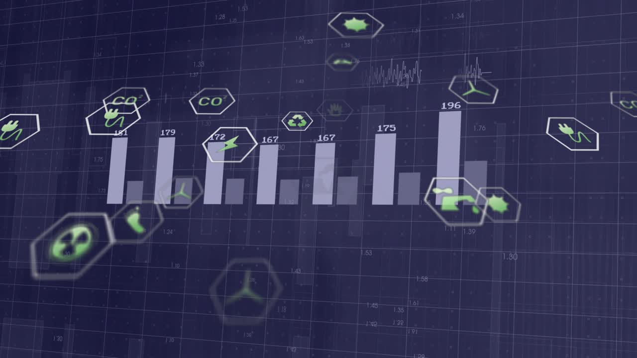 Camera tilting, bar chart growing, hex icons floating, values updating, showing energy trends