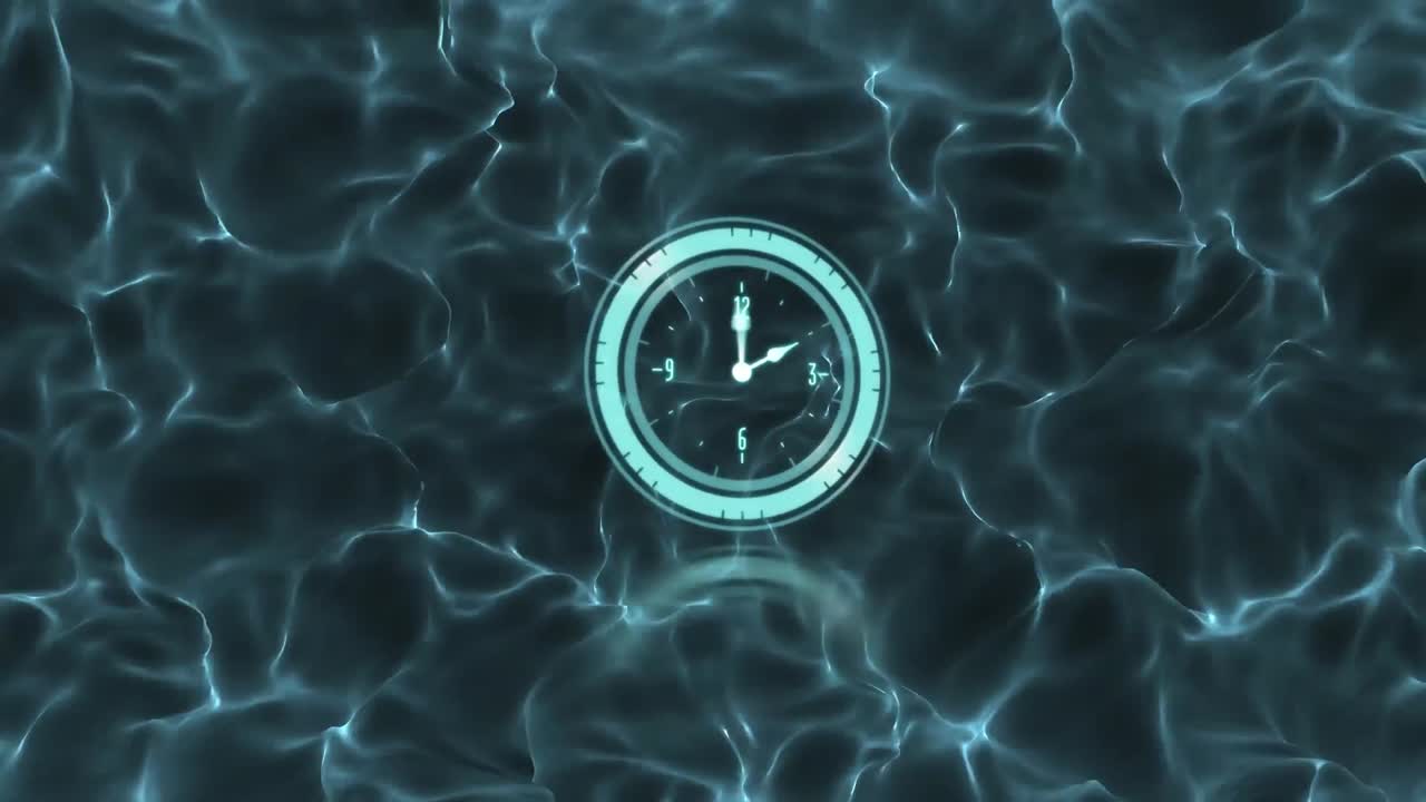 파란색 패턴의 배경 위에 빠르게 움직이는 시계의 애니메이션