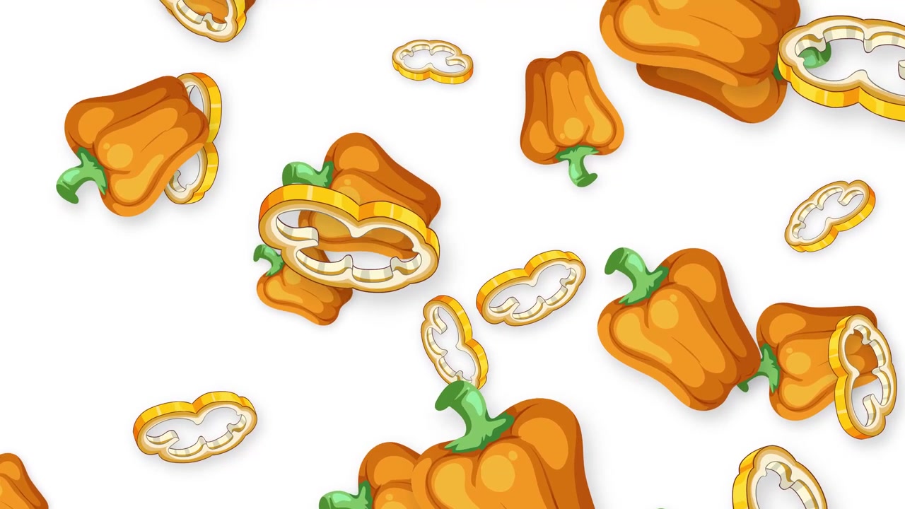 Pimentões laranja animados e rodelas fatiadas caem diagonalmente sobre um fundo branco limpo.