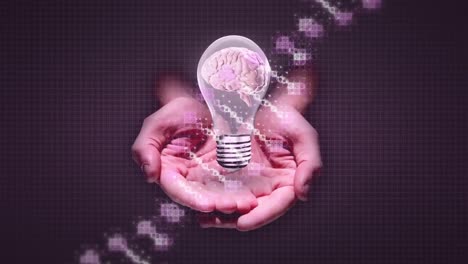 Animation-of-data-processing-over-lightbulb-with-human-brain-on-black-background