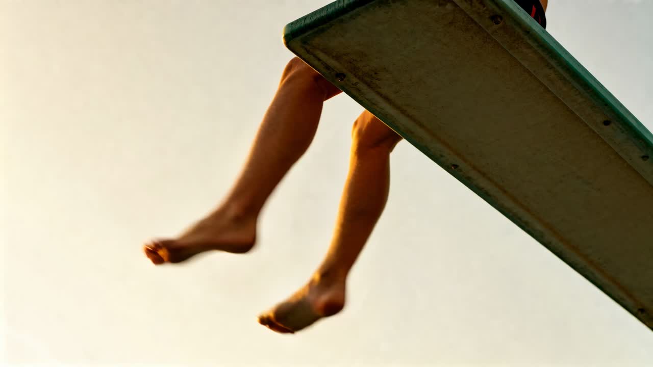 Swinging person's lower legs and feet moving while sitting on high diving board in dark swimwear