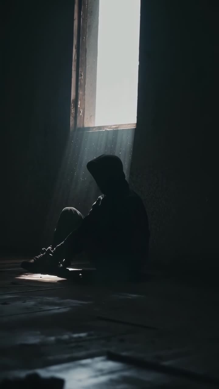 Scena video suggestiva di una persona in ombra, seduta sotto una finestra, ripresa da un'angolazione bassa