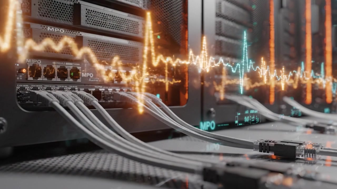 A Close-Up View of Advanced Server Technology Featuring Cables and Connectors for High-Performance Data Transmission in a Modern Computing Environment