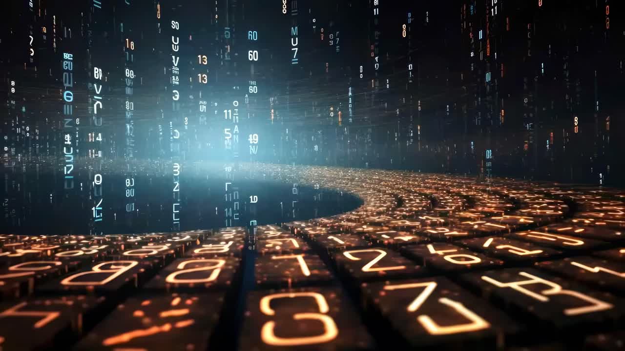 Futuristic video concept with glowing digital numbers. Low-angle view creates a tunnel effect