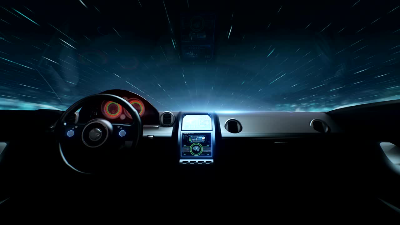 미래의 하이브리드 자동차의 밤 하늘을 통과하는 4k 애니메이션