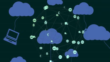 animación de iconos colgando de nubes e interconectándose con líneas contra un fondo abstracto.