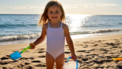 a young girl smiling on a sunny beach with a shovel and bucket